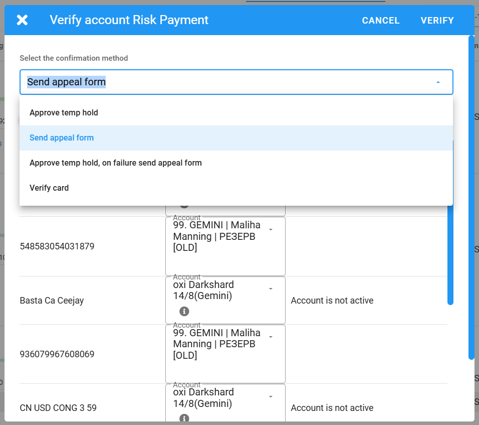 Dolphin Cloud allows you to complete Facebook payment risk checks in bulk. Simply open the Ad Accounts section and select "Verify Account Risk Payment."