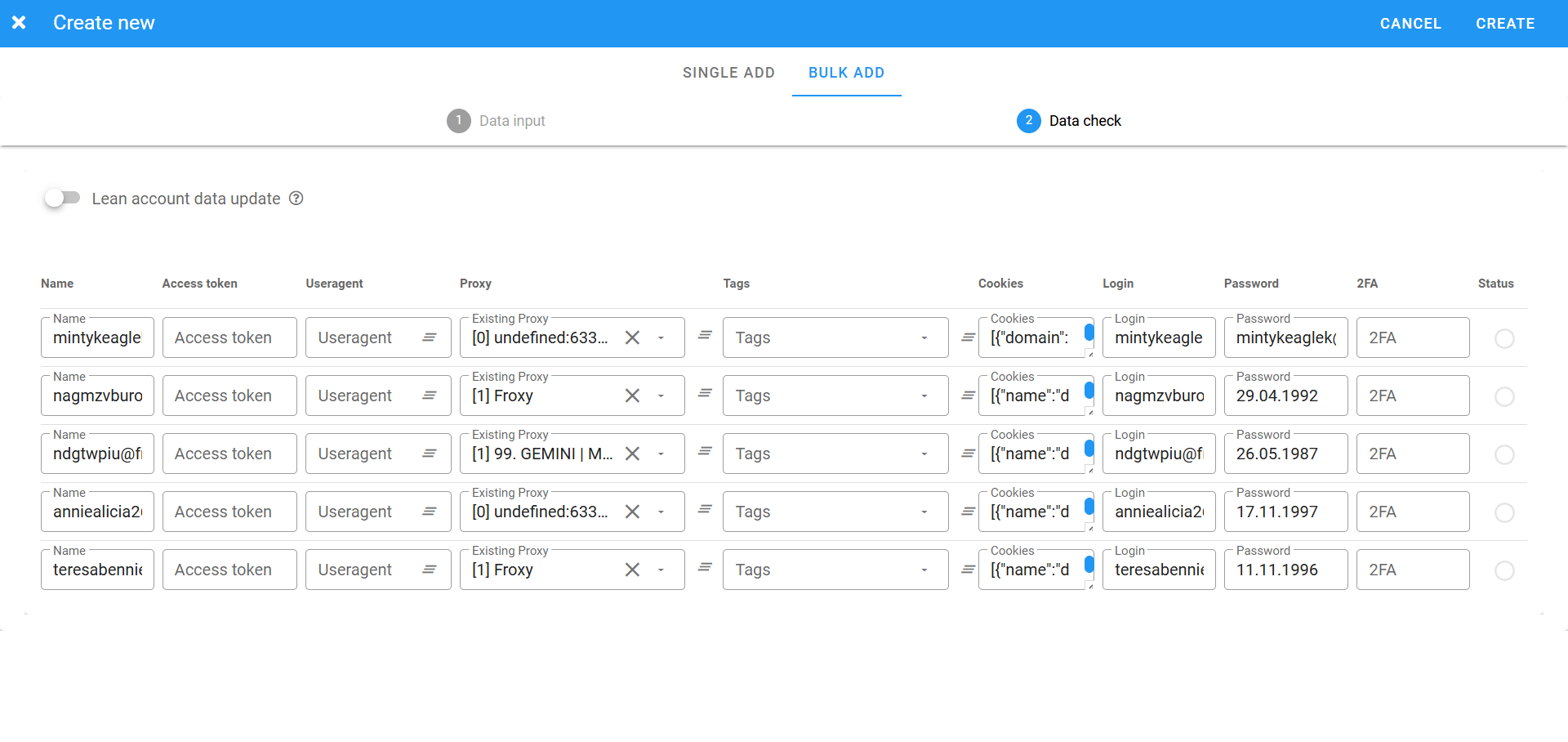 After importing the accounts, go to the Data Check section to assign proxies and get started quickly.
